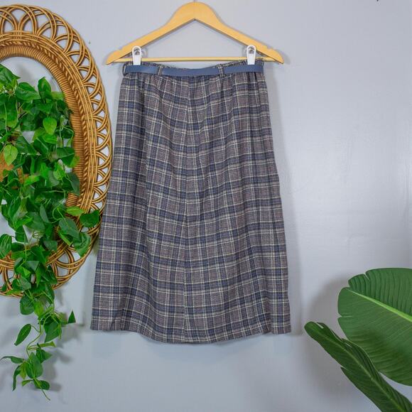 Vtg Plaid Skirt Blue Gray Check Knee-Length 80s Academia with Belt | Soft Summer - Picture 2 of 8